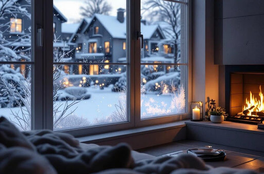 Warm home looking out to wintry scene